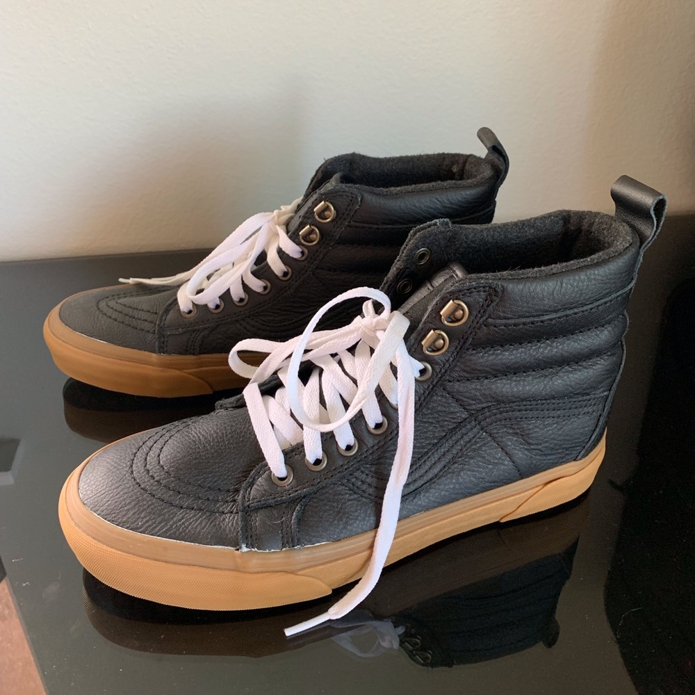 Never Used Black leather vans with gum soles